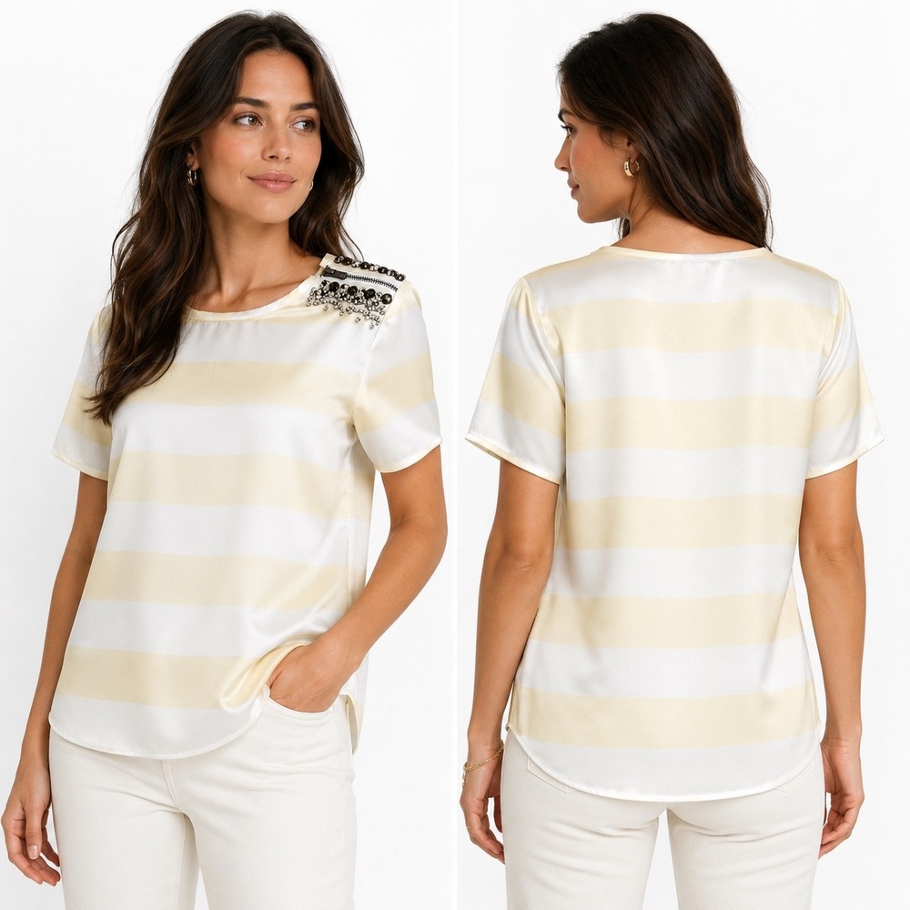 Vintage Rare AllSaints Quake Silk Top Women 6 Yellow Stripe Embellished Shoulder